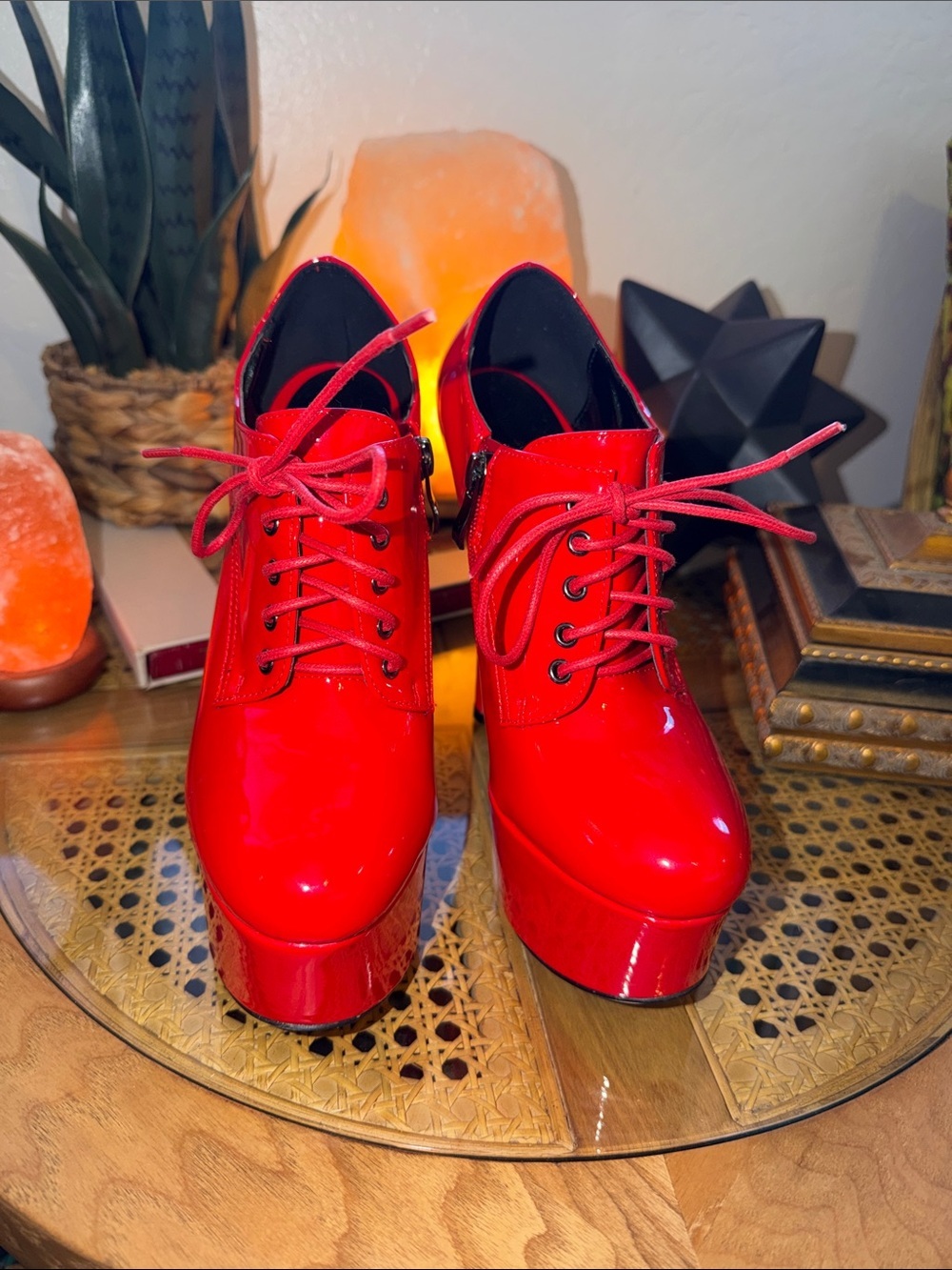 Red Patent Platform Lace-Up High Heel Booties - Women - Picture 3 of 9